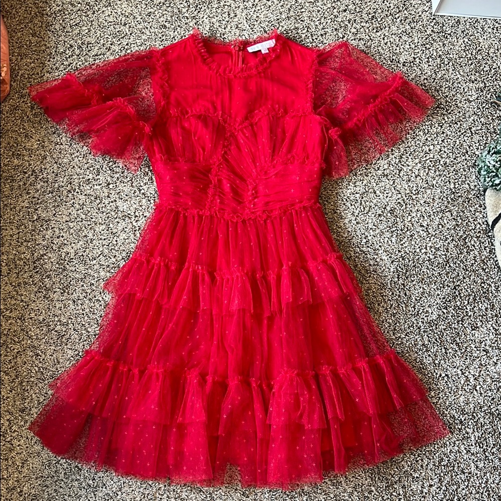 Red Flutter Sleeve Tiered Cocktail Dress